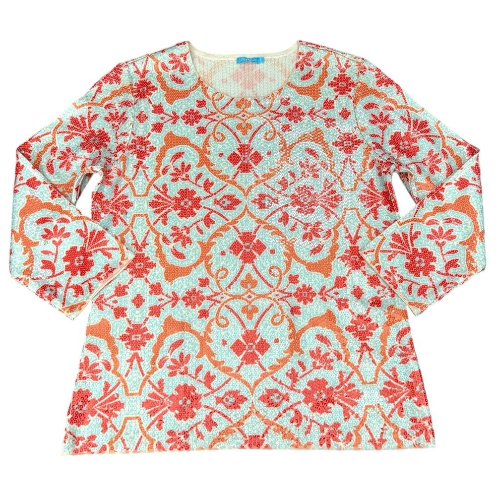 J. McLaughlin Corali Cyprus Sea Flat Sequin Sweater Top‎ Blue Aqua Coral Size S